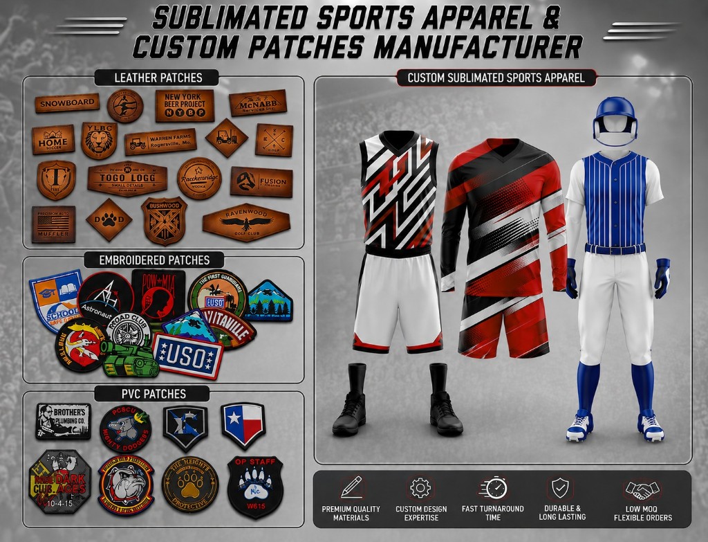 Sublimated sports apparel and custom patches — leather, embroidered, PVC and team uniforms